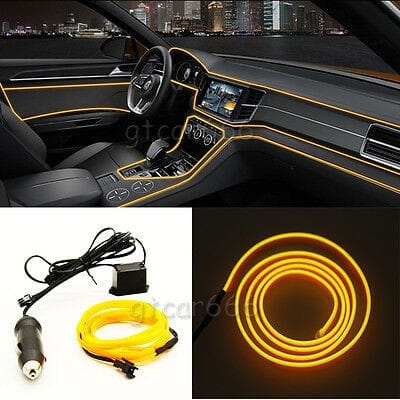Fir neon auto electroluminiscent El Wire 2m cu lumina Galbena cu droser si mufa bricheta HID