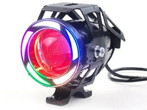 Proiector LED motocicleta, atv, cu 2 faze (faza scurta si faza lunga), functie de stroboscop, angel eyes COB si devil eyes rosu, putere 10W, luminozitate 1000 lumeniPREMIUM